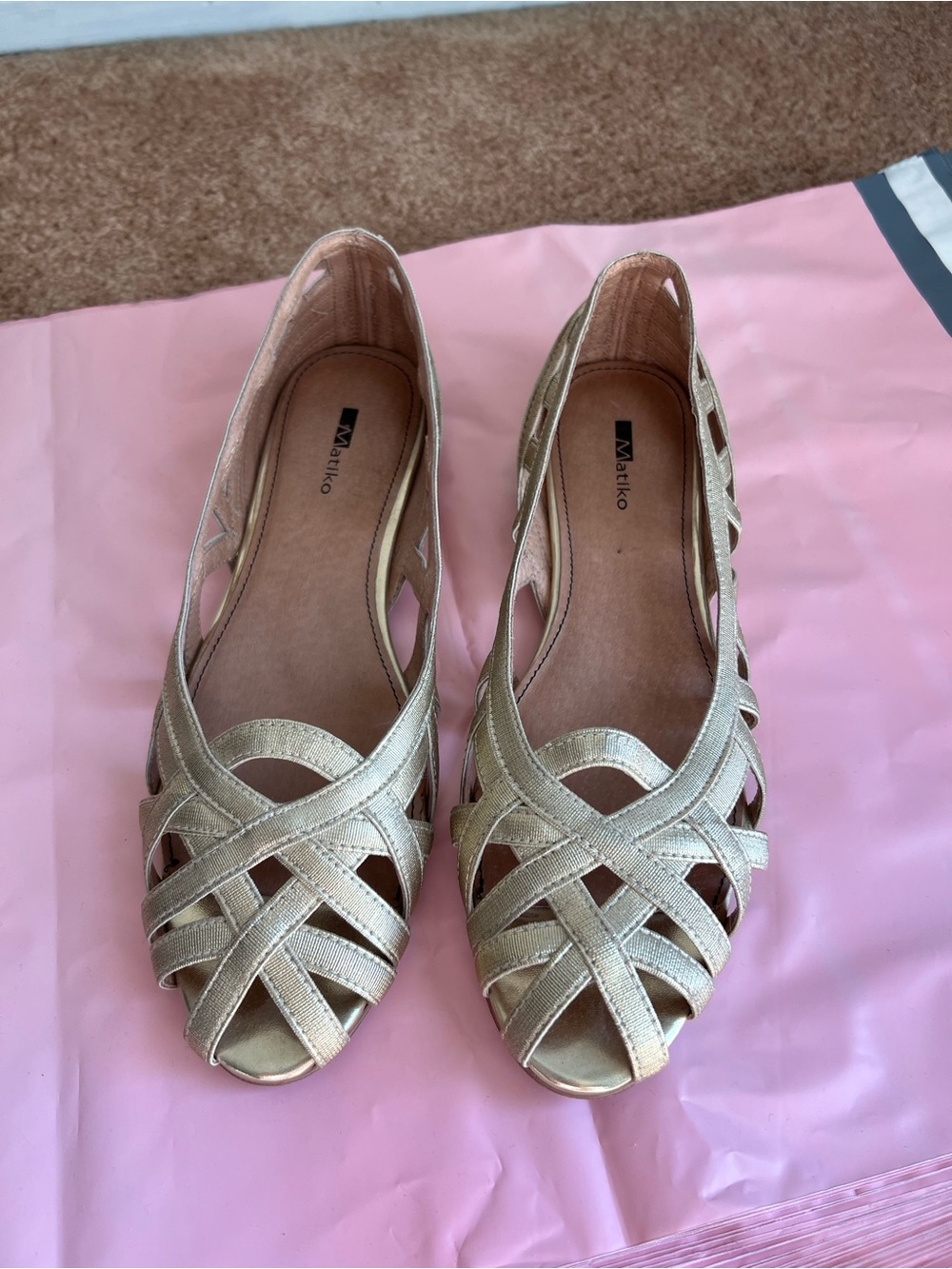Anthropologie - Matiko Metallic Gold Woven Peep-Toe Flats